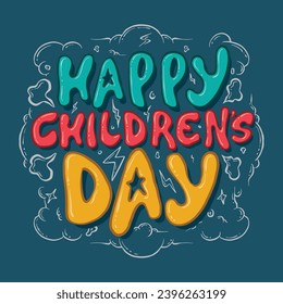 Lettering Happy Childrens Day Vector Caligrafía Logo de diseño, color completo, utilizable para afiches, carteles, postales, fondos de escritorio, regalos, etc