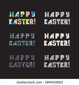 Lettering Happy Easter. Differently decorated hand drawn titles for festive card, poster, banner, other use. Vector illustration.