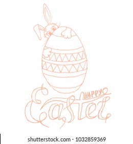 Lettering Happy Easter in egg, Easter bunny, hand drawn sketch stock vector illustration design element for coloring page, for web, for print, for typography banner
