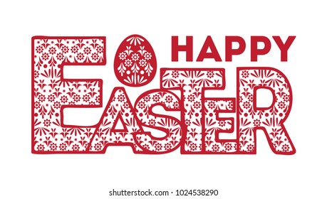 Lettering Happy Easter with egg isolated on white background. Red front. Hand drawn. Elegant. Modern. Vector illustration. 