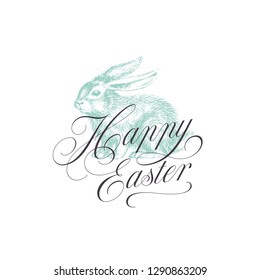 Lettering Happy Easter with hand drawn bunny for greeting card, invitation, poster, banner template. Vector illustration.