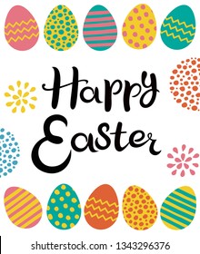 Lettering Happy Easter. Hand drawn. Easter eggs with different hand drawn ornaments. Inscription and eggs isolated on the white background.
