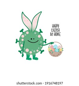 Lettering Happy Easter at home. Funny bunny like coronavirus, covid 19 hold basket with holidays eggs, flowers. Concept vector illustration.