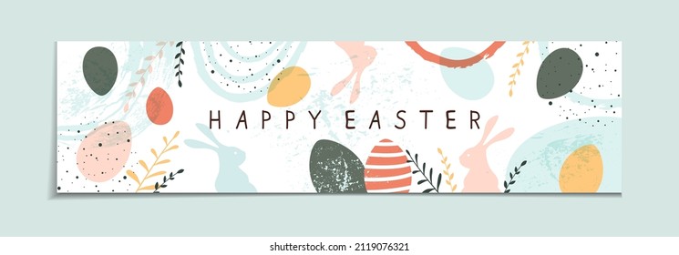 Lettering Happy Easter sobre un fondo abstracto. Banner de Semana Santa con conejos, huevos de colores y plantas. Ilustración con conejito se puede usar para diseño de vacaciones, banners, tarjetas de felicitación.