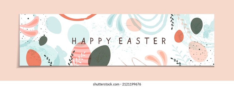 Lettering Happy Easter on abstract grunge background. Easter banner with rabbits, ears, holiday eggs and plants. Illustration with bunny can be used for holiday design, banners, greeting cards.
