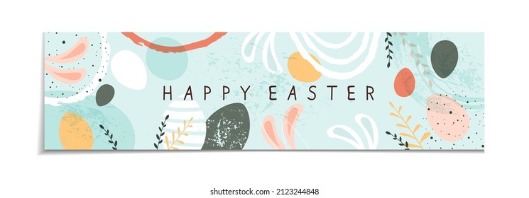 Lettering Happy Easter on abstract grunge background. Blue Easter banner with rabbits, ears, holiday eggs and plants. Illustration with bunny can be used for holiday design, banners, greeting cards.