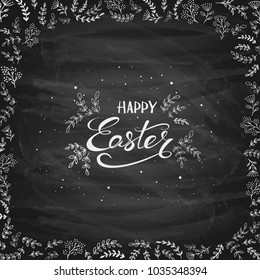 Lettering Happy Easter on black chalkboard background with ornate elements, illustration.