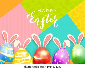 Lettering Happy Easter on colored background with Easter eggs and rabbit ears. Illustration with holiday elements can be used for holiday design, banner and greeting cards.