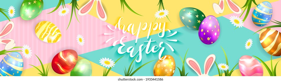 Lettering Happy Easter on colored geometric background with Easter eggs, flowers in grass and rabbit ears. Illustration with holiday elements can be used for holiday design, banner and greeting cards.