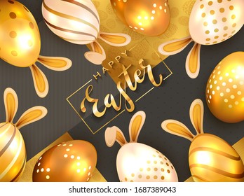 Lettering Happy Easter on gold and black background with golden Easter eggs and rabbit ears. Illustration with luxury elements and confetti can be used for holiday design, banner and greeting cards.