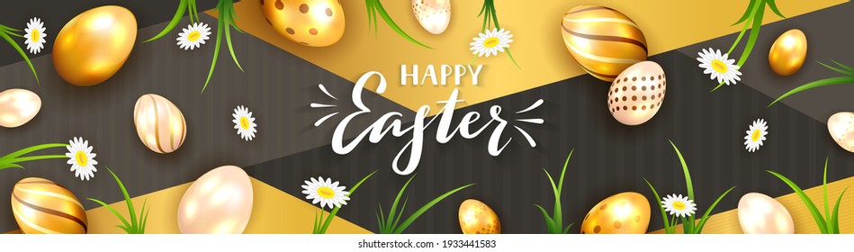 Lettering Happy Easter on gold and black geometric background with Easter eggs and flowers. Illustration with holiday elements can be used for holiday design, banner, website, poster, greeting cards.