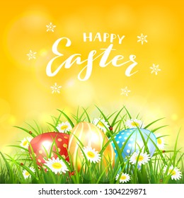 Lettering Happy Easter on orange sunny background with colorful eggs in the grass, illustration.