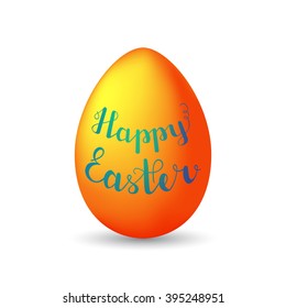 Lettering Happy Easter on orange egg with shadow on white background. Vector illustration.