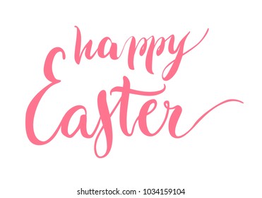 Lettering, happy easter, pink, isolated. Welcome inscription for the spring holiday on cards, posters and banners. Vector illustration