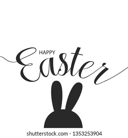 Lettering Happy Easter with rabbit or bunny head for greeting card, invitation template. Typography banner poster template background