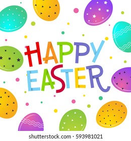 Lettering Happy Easter. Ribbon font. Greeting card with colorful eggs on white background. Vector illustration