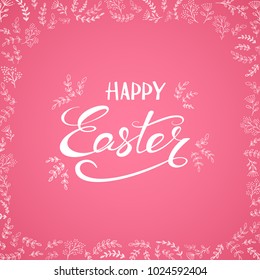Lettering Happy Easter and set of floral decorative patterns on pink background with ornate elements, illustration.