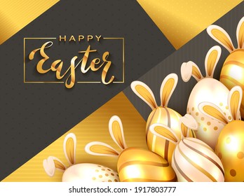 Lettering Happy Easter and set of golden Easter eggs with bunny ears on holiday black and gold background. Illustration with Easter rabbit can be used for holiday design and cards.