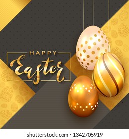 Lettering Happy Easter with three golden Easter eggs and luxury elements on holiday gold and black background, illustration.