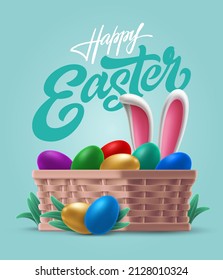 Dejar que sea FELIZ. Cesta de mimbre 3D realista por volumen, huevos pintados, orejas de conejo sobre hierba. Plantilla vectorial colorida con tipografía para tarjeta de saludo, banner. Fiesta de primavera