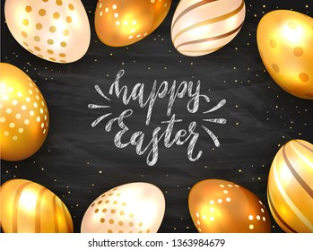 Lettering Happy Easter in white chalk on black chalkboard with golden Easter eggs. Luxury elements and confetti on holiday background, illustration.