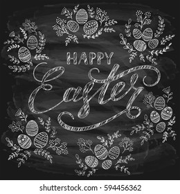 Lettering Happy Easter writing in white chalk with floral pattern and decorative eggs on black chalkboard background, illustration.