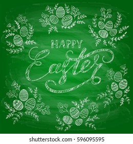 Lettering Happy Easter writing in white chalk with floral pattern and decorative eggs on green chalkboard background, illustration.