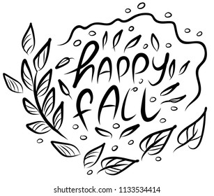 Lettering Happy fall on white background. Vector illustration. Perfect for postcard, greeting card, print.