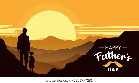 Lettering Happy Father's Day and silhouette of father and daughter on background of adventure landscape with mountains, sun and sky. Dad and child in nature at sunset.