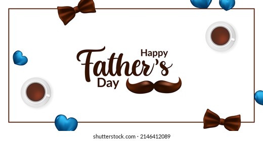 Lettering happy father's day special greeting card with mustache, tie, hearth, and coffee with white background