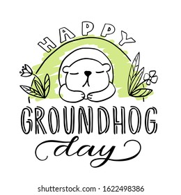 Lettering "Happy Groundhog Day" with head of groundhog from his home, isolated on white background, for celebration traditionaly festival  in USA and Canada. Hand drown vector illustration