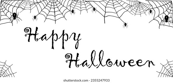 Lettering Happy Halloween. Card with spiders in cobwebs. Illustration  for holiday design, decorations, cards, banner. Vector Illustration