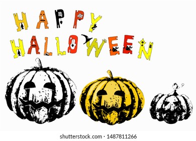 Lettering Happy Halloween. Color torn jagged letters with holiday symbols - spider web, spider, cat, pumpkin, castle, witch hat, mouse. Hand vector illustration for the design of a banner, template