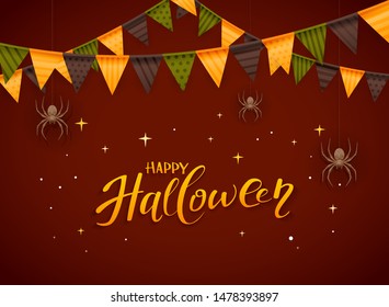 Lettering Happy Halloween with colored pennants and scary spiders on dark red background, illustration.