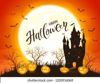 Lettering Happy Halloween with dark castle and pumpkins. Full moon on orange night background, illustration.