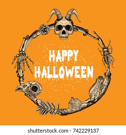 Lettering Happy Halloween with hand drawn twigs laurel, wreath or frame decoration. Orange Halloween background with skulls, pumpkin and insects illustration. Vector.