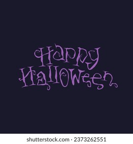 Lettering Happy Halloween in naive style. Haloween illustration in purple tones. Icon. Clipart. Isolated element.	 