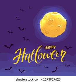 Lettering Happy Halloween on abstract background with Moon on night sky and flying bats, illustration.
