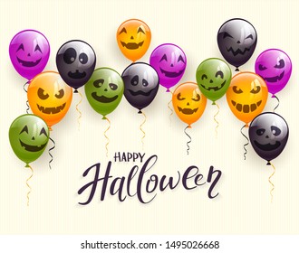 Lettering Happy Halloween on beige background. Black, green, purple and orange balloons with scary faces. Illustration can be used for holiday cards, invitations, children's clothing design and banner