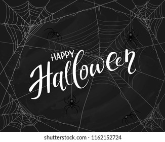 Lettering Happy Halloween on black grunge background with spiders and webs, illustration.