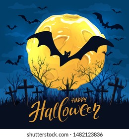 Lettering Happy Halloween on black background and scary bats flying over the cemetery. Full Moon on blue night sky. Illustration can be used for holiday cards, invitations and banners.