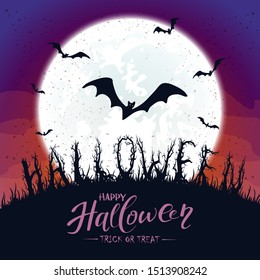 Lettering Happy Halloween on black grunge background and scary bats flying over trees. Full Moon on purple night sky. Illustration can be used for holiday cards, invitations and banners.