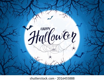 Lettering Happy Halloween on blue background with big Moon ant trees. Card with black spiders in cobwebs. Illustration can be used for children's holiday design, decorations, cards, banners