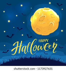 Lettering Happy Halloween on night background with Moon and flying bats, illustration.