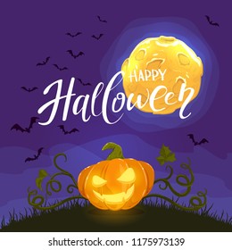 Lettering Happy Halloween on night background with Jack O Lantern. Smiling pumpkin with full moon and bats, illustration.