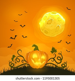Lettering Happy Halloween on orange background with Jack O Lantern. Smiling pumpkin with full moon and bats, illustration.