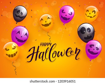 Lettering Happy Halloween on orange background with scary balloons and confetti, illustration.