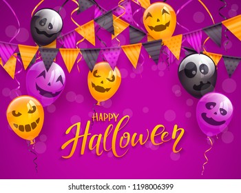 Lettering Happy Halloween on purple background with scary balloons, pennants and streamers, illustration.