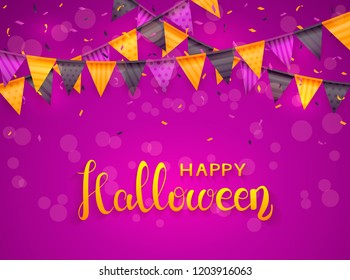 Lettering Happy Halloween on purple background with pennants and confetti, illustration.