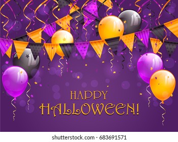 Lettering Happy Halloween on violet background with multicolored pennants, balloons, streamers and confetti, illustration.